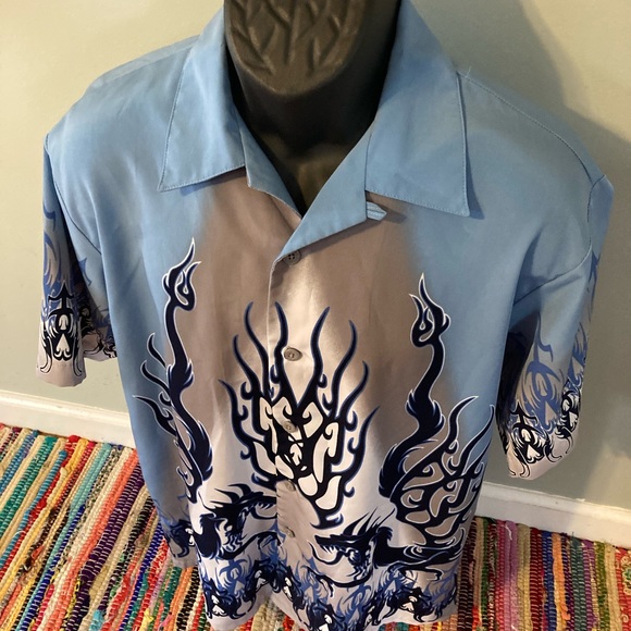 90s Dragon Fire Flames Geometric Button Shirt Polyester Medium - Picture 3 of 8